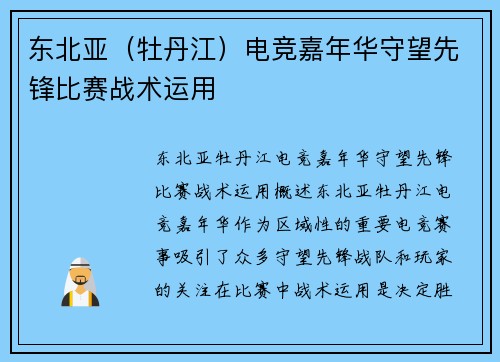 东北亚（牡丹江）电竞嘉年华守望先锋比赛战术运用