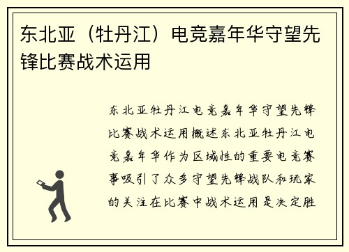东北亚（牡丹江）电竞嘉年华守望先锋比赛战术运用
