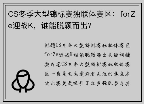 CS冬季大型锦标赛独联体赛区：forZe迎战K，谁能脱颖而出？