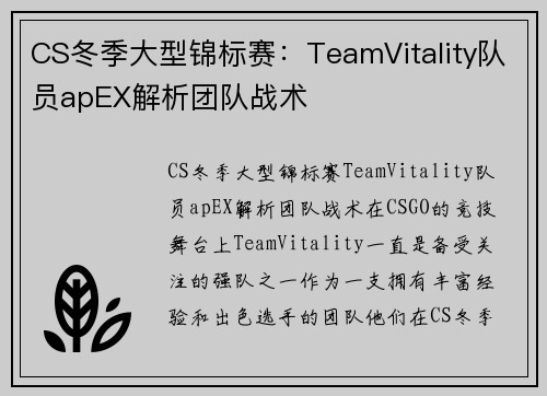 CS冬季大型锦标赛：TeamVitality队员apEX解析团队战术